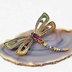 Monet Dragonfly Brooch Gold Tone Purple Rhinestone Signed Vintage Bug Pin
